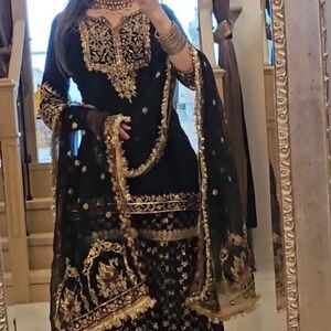 Party Wear Black Faux Georgette Kurta Palazzo With Dupatta For Women